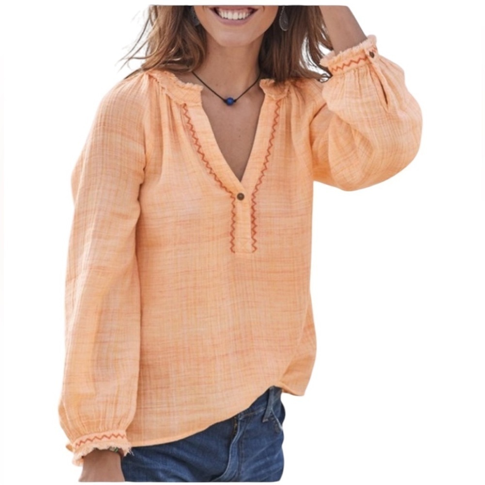 Sundance gentle breeze gauze cotton orange v-neck long sleeve fringe trim blouse